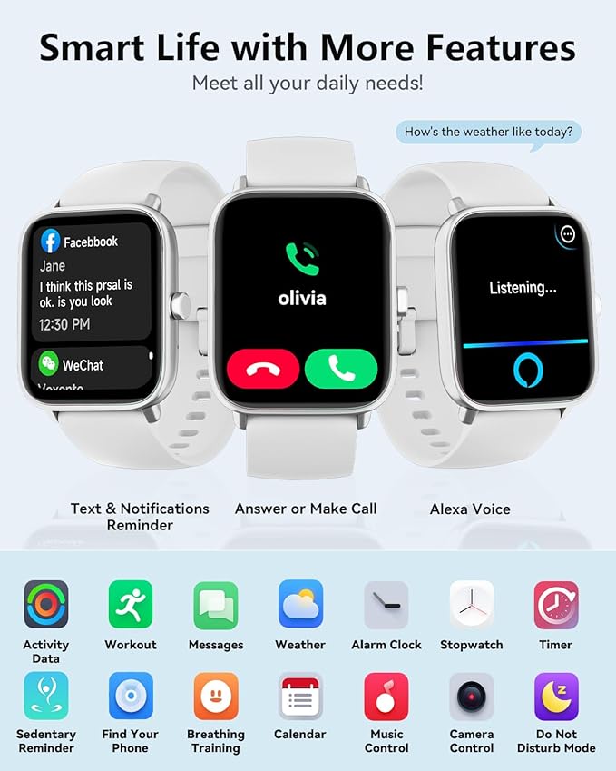 Smart Watches for Women/Men, Smart Watch for Android Phones and iPhone Compatible, Alexa Built-in, 1.8" Fitness Watches for Women, IP68 Waterproof /Bluetooth Call, Heart Rate/Sleep Monitor, White