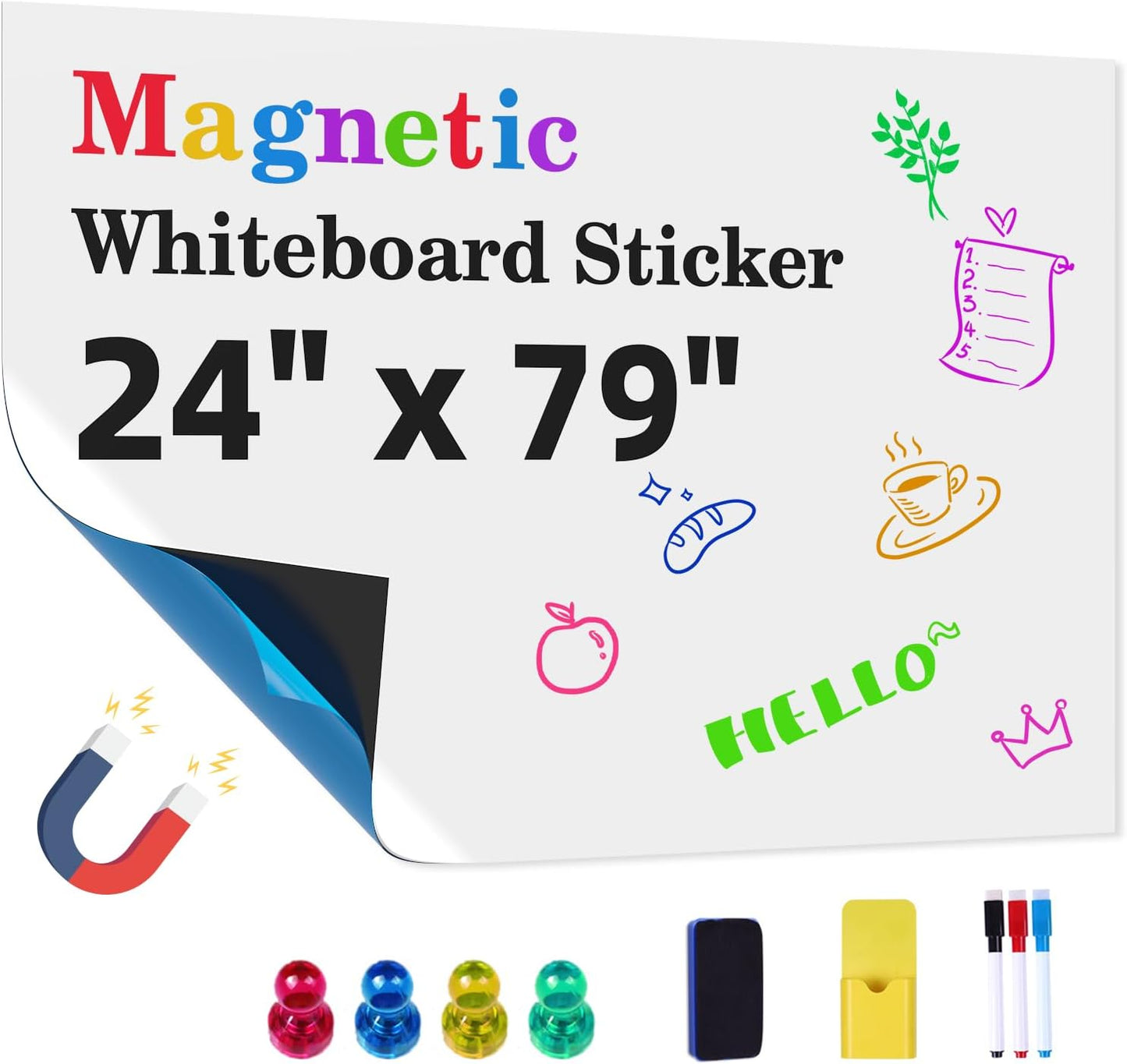 Magnetic Whiteboard Contact Paper 24" x 79" Peel and Stick Dry Erase White Board for Wall Self-Adhesive Decal Wallpaper Sticker for Office, Home, with Marker, Eraser and Magnet