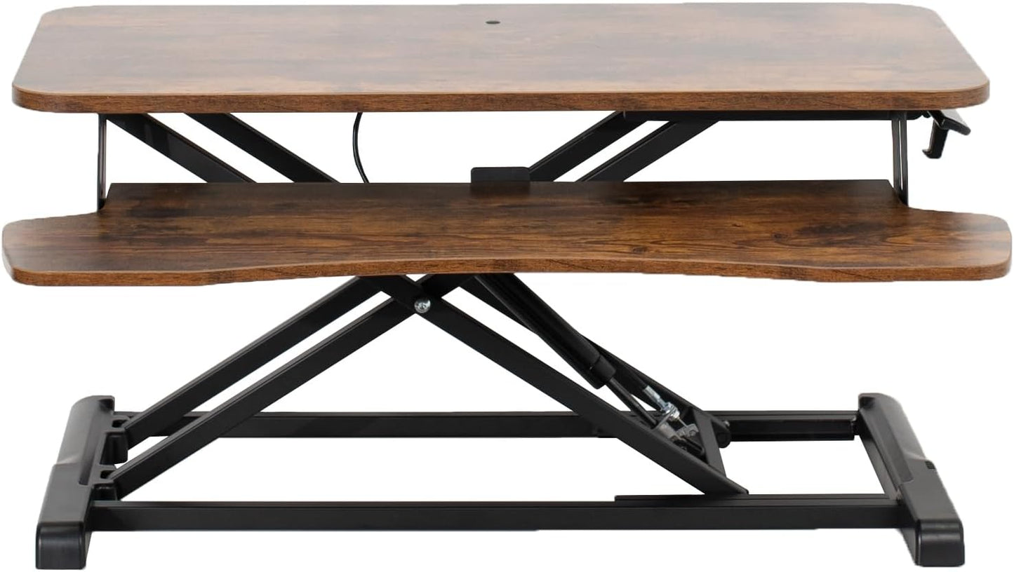 VIVO 32 inch Desk Converter, K Series, Height Adjustable Sit to Stand Riser, Dual Monitor and Laptop Workstation with Wide Keyboard Tray, Vintage Brown Top, Black Frame, DESK-V000KN