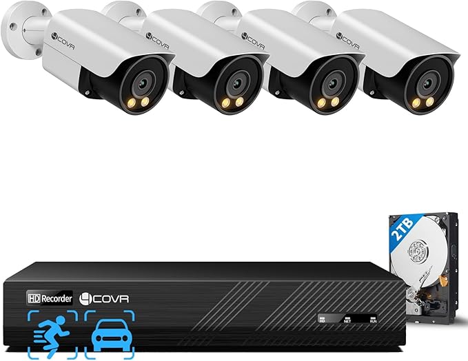 4COVR 4K PoE Security Camera System, 2-Way Audio, Smart Color Night Vision, 4X 5MP Bullet IP Cameras, IP67 Weatherproof, Person/Vehicle Detection, 8CH NVR 2TB HDD, 24/7 Recording, LY37YX5M0804-1