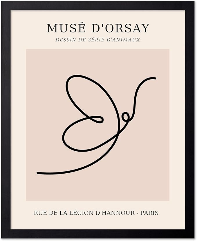 Poster Master Vintage Poster - Retro One Line Butterfly Drawing Print - Butterfly Line Art - Minimal Gift for Him, Her, Animal Lover - Abstract Decor for Home, Office, 8x10 Black Framed