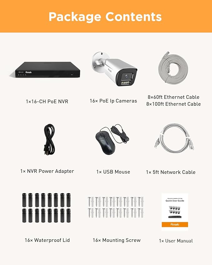 16 Channel Security Camera System 4TB HDD, H.265 16PCS 5MP PoE Commercial IP Bullet Camera, Smart Color Night Vision, 2 Way Audio Talking, AI Human Detection, Remote Access,PB65A1616-5MD