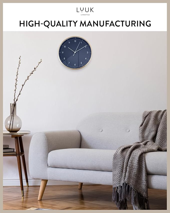 LUUK LIFESTYLE Modern Wall Clock with Silent Quartz Movement, Stylish & Functional, Decoration for Living Room, 12 inch, in Dark Blue & Gold