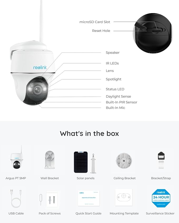 REOLINK Security Cameras Wireless Outdoor, Pan Tilt Solar Powered, 5MP 2K+ Color Night Vision, 2.4/5GHz WiFi, Smart Cameras for Home Security, Works with Home Hub, Argus PT + Solar Panel