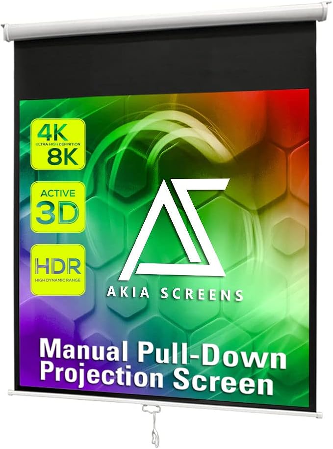 Akia Screens 125 inch Projector Screen Pull Down Manual B 1:1 8K 4K HD 3D Ceiling Wall Mount White Portable Projection Screen Retractable Auto Locking for Indoor Movie Home Theater Office AK-M125S1