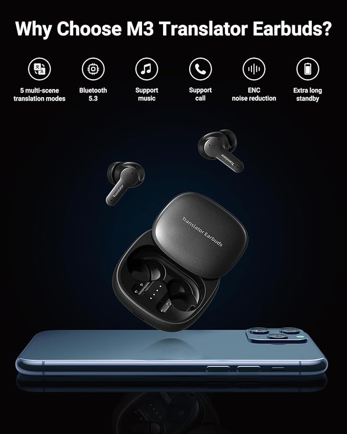Ai Translation Earbuds Real Time, 144 Languages Translator Earbuds with 5 Translation Modes, Audifonos Traductores Inglés Español for Travel/Business/Learning, Translator Earbuds - Black