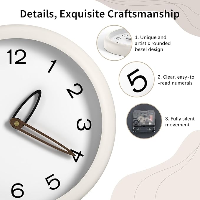 Modern Wall Clock,Battery Operated,Tempered Glass,12" Silent Clocks for Living Room,Bedroom,Kitchen,Bathroom - Stylish Home Decor Gift (Off White)
