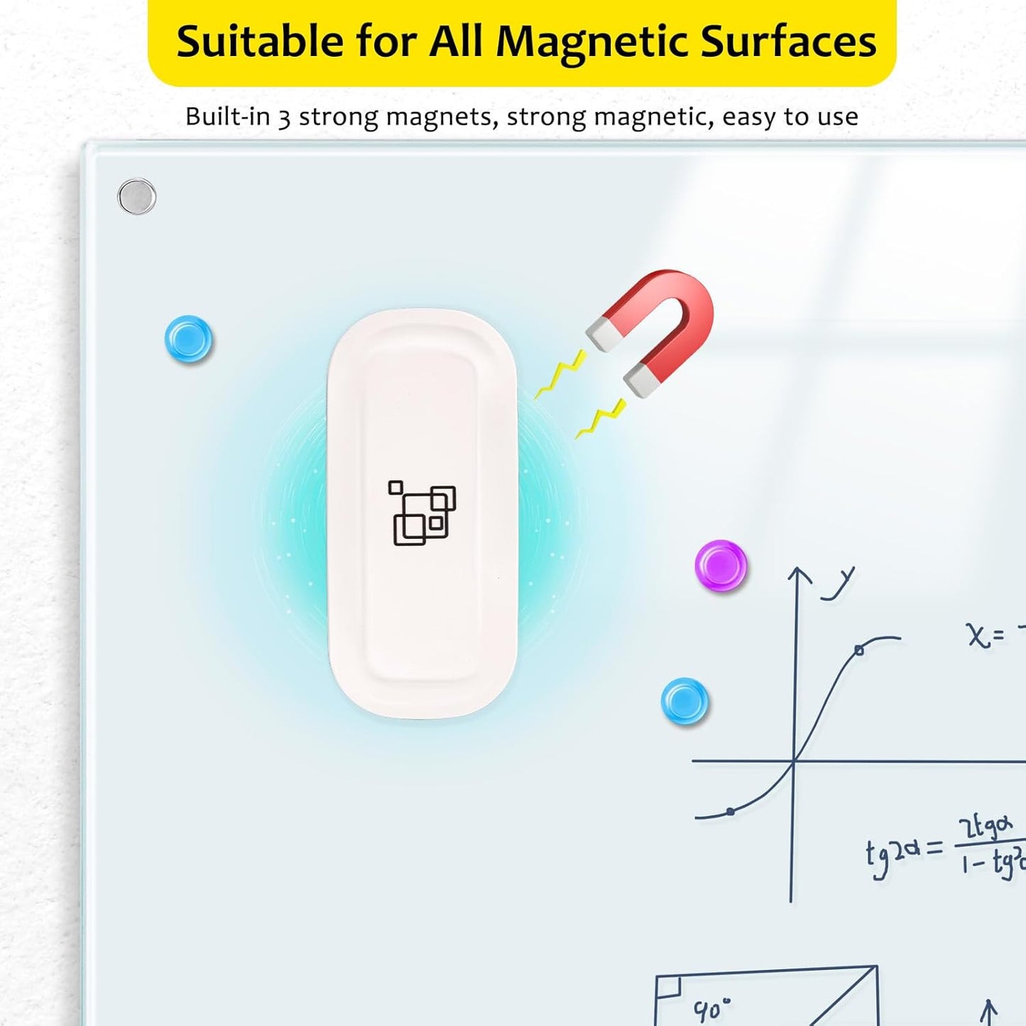 Maxtek Magnetic Dry Erase Eraser, 2 Pack, for Glass Board, Calendar, Whiteboard, Office and School Supplies (Pure White)