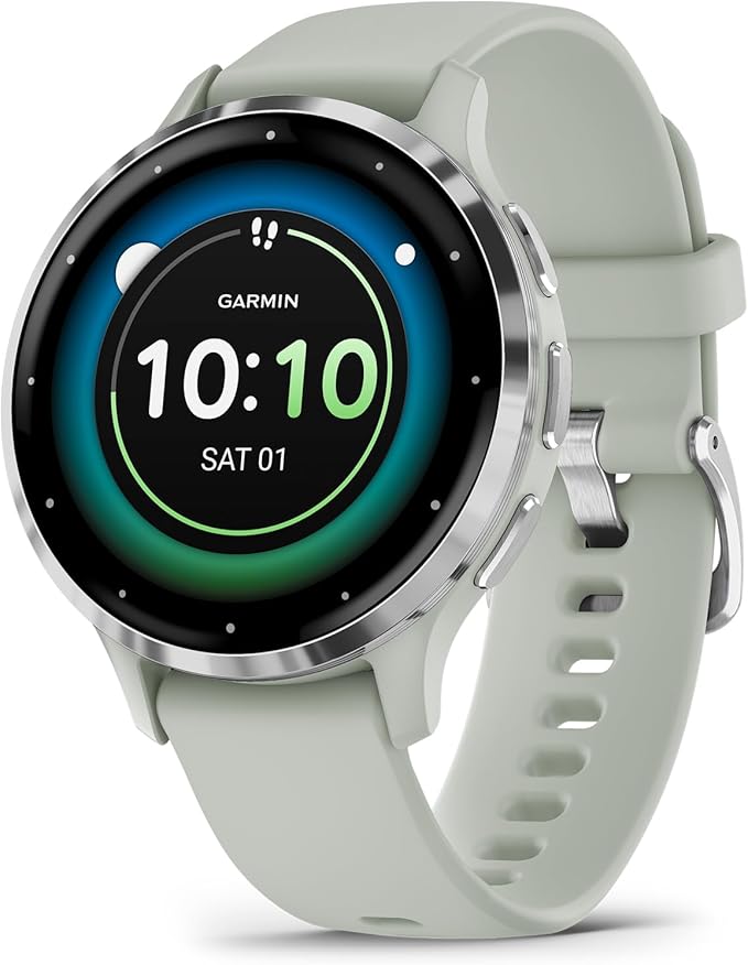 Garmin Venu 3S Running GPS Smartwatch with AMOLED Display, Advanced Health, Fitness Features, Up to 14 Day Battery Life with Signature Power Bundle | Silver with Sage Gray Silicone Band