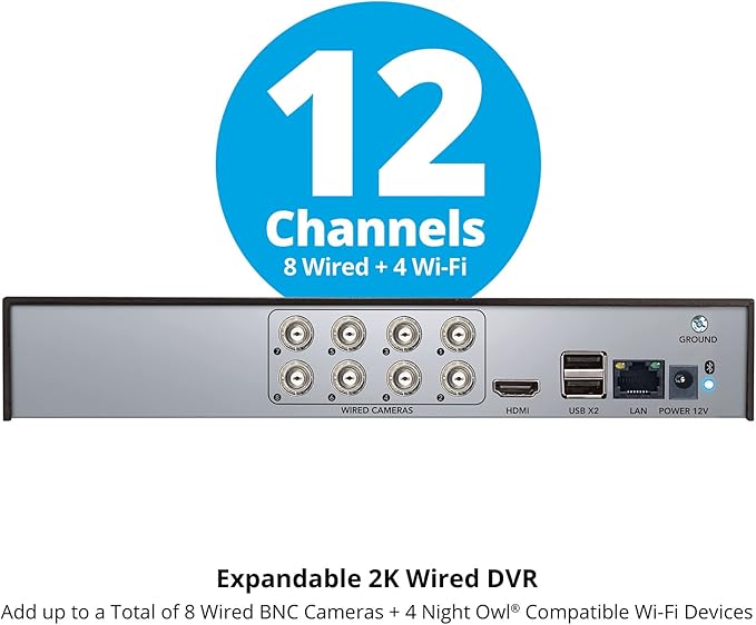 Night Owl 2-Way Audio 12 Channel DVR Video Home Security Camera System with (4) Wired 2K HD Indoor/Outdoor Deterrence Cameras and 1TB Hard Drive (Add up to 4 More Wired and 4 Wi-Fi Cameras)