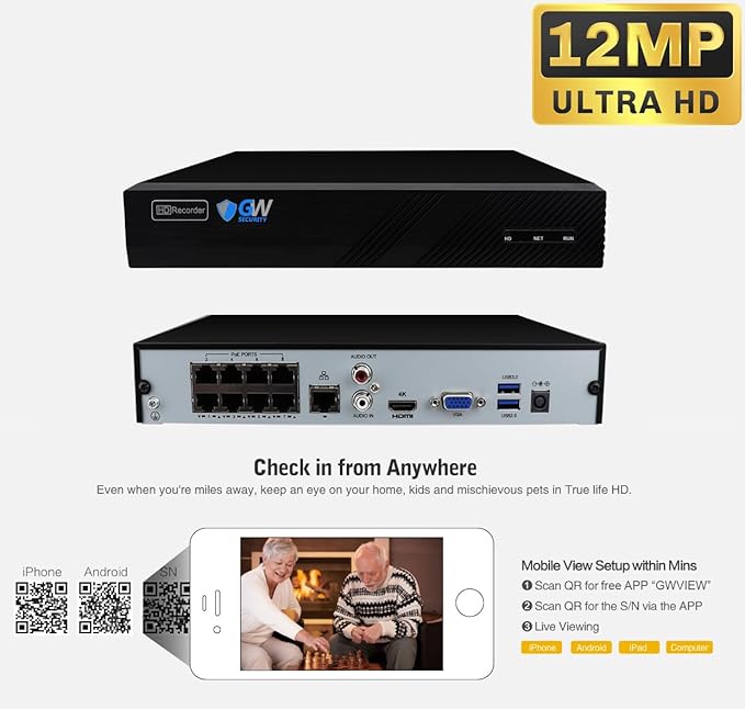 GW Security 8 Channel 8-Megapixel 4K (3840x2160) NVR with (8) UltraHD 4K 8MP 2.8~12mm Varifocal Zoom H.265+ Outdoor/Indoor Waterproof Microphone Audio&Video PoE IP Smart AI Dome Cameras