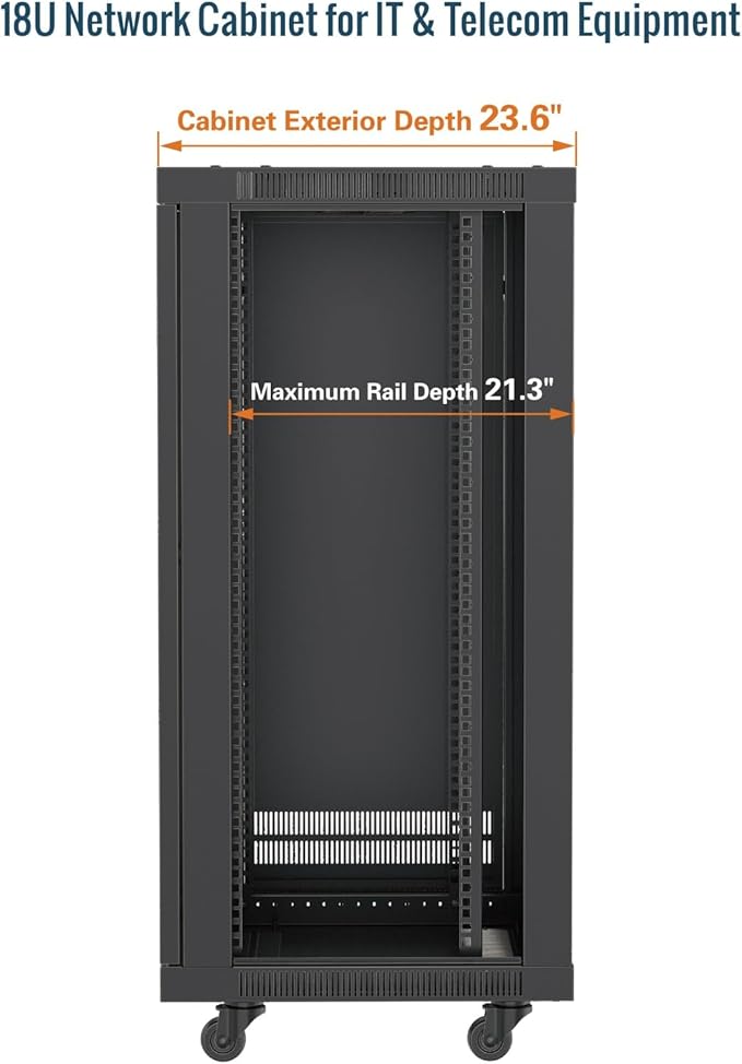 Tecmojo 18U Wall Mount Rack,18U Rack 23.6 Inch Depth,Hold Up to 176 Lbs,Server Rack with Casters,Enclosed Network Cabinet Kit for 19 Inch Network,Server and AV Gear,Glass Door(Elite Collection)