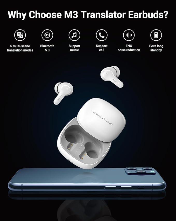 Ai Translation Earbuds Real Time, 144 Languages Translator Earbuds with 5 Translation Modes, Translating Earbuds for Travel/Business/Learning, Audifonos Traductores Inglés Español - White