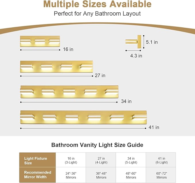Modern LED Small Bathroom Lights Fixtures(3-Light),Metal Gold Acrylic Wall Lighting,Vanity Lights for Bathroom Over Mirror(6000k 16in)