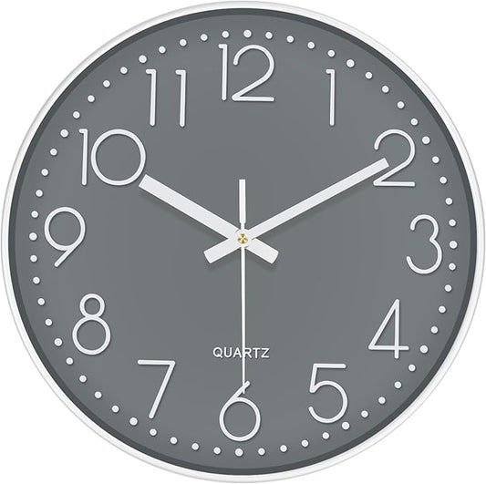Wall Clock, Silent Wall Clocks Battery Operated 10 Inch Modern Non Ticking Analog Clock with Large Numerals Tempered Glass Clocks for Bedroom, Living Room, Kitchen, Office Decor, Grey