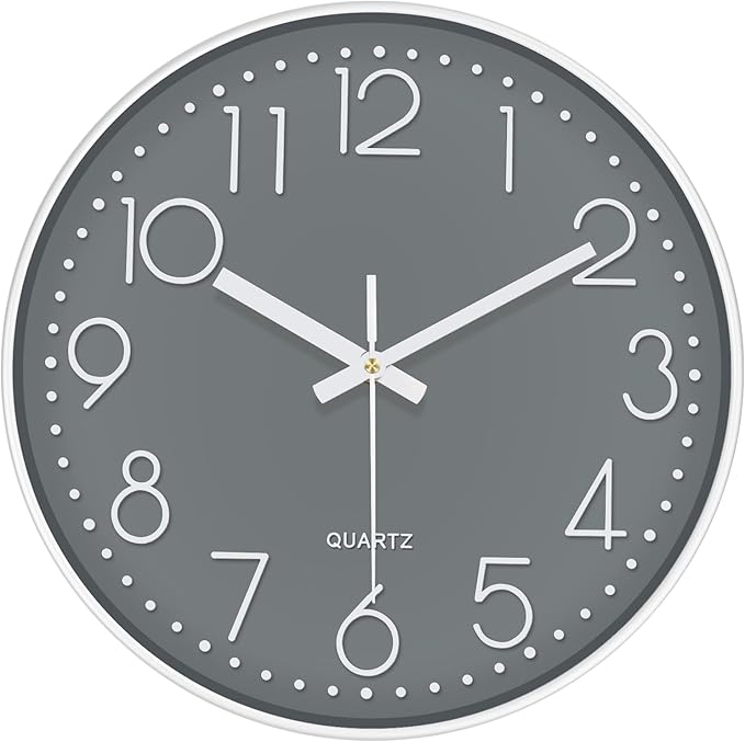 Modern Silent Wall Clock - 12 Inch Wall Clocks Battery Operated Large Number, Non-Ticking Analog Clock with Tempered Glass Quartz Clocks for Living Room Bedroom Office Kitchen, Grey