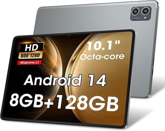 Azeyou 2025 Upgraded Android 14 Tablets, 10.1 inch Tablet Octa-core Processors with 8GB RAM 128GB ROM, IPS Touchscreen, Wi-Fi 6, BT 5.0, Dual Camera, 6000mAh Battery, Metal Gray