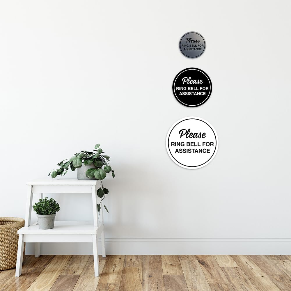 Signs ByLITA Circle Please Ring Bell For Assistance Wall or Door Sign | Easy Installation | Front Desk Reception Sign (Brushed Silver) - Medium (1 Pack)