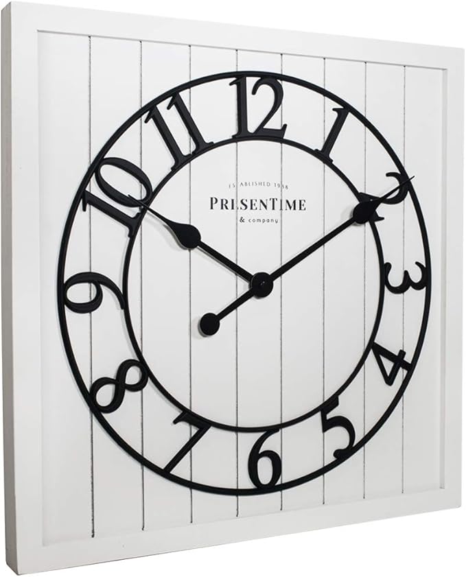 Presentime & Co 21" Farmhouse Square Shiplap Barn Door Wood Clock - White, Arabic Numeral. Home Decoration/Wall Decoration/Farmhouse Décor for Living Room, Dining Room, and Entryway.