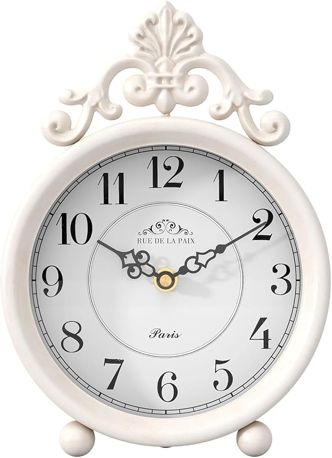 Vintage White Table Clock, Desk and Shelf Mantel Clock, French Rustic Antique Style Decor Clocks, for Farmhouse, Bedroom, Living Room, Bedside, Gift (9" H x 6.3" W)