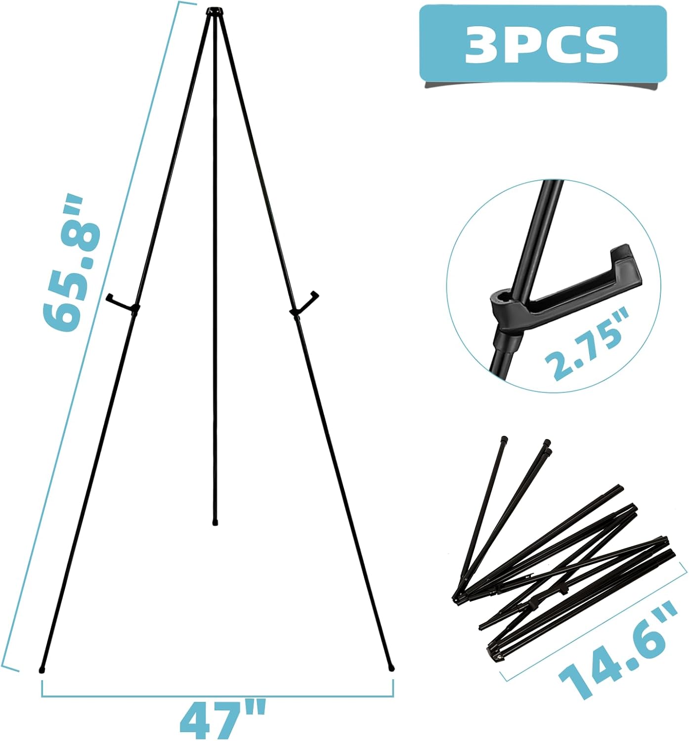Easel Stand 65 Inches 3 Pcs, Lightweight Adjustable Art Easel for Display, Wedding Sign, Poster, Black Metal Easel with Portable Bags