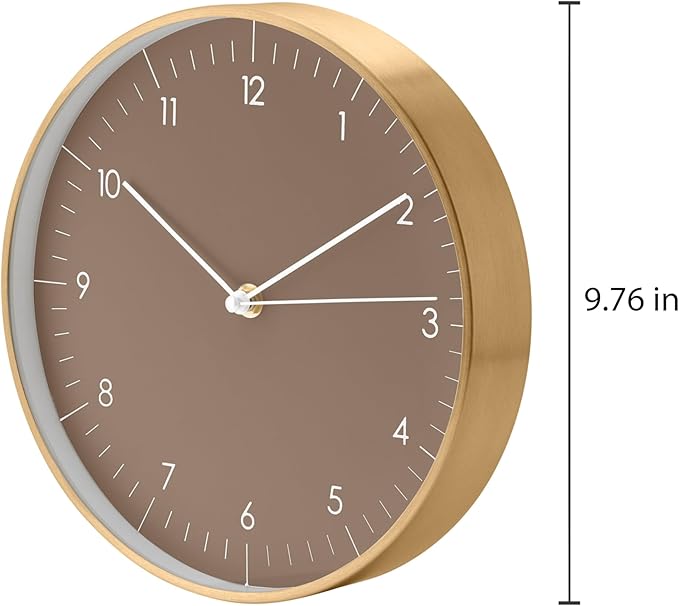 LUUK LIFESTYLE 10” Wall Clock with Silent Movement, Minimalist Scandinavian Design, Kitchen Clock, Decoration for Living Room, Bedroom, Hallway, Housewarming Present, in Brown and Gold