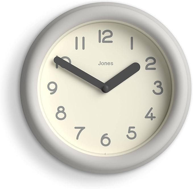 JONES CLOCKS® Fuze Wall Clock | Small Round Clock | Gray | Playful Modern Design with Soft sculptural Presence | Ideal for Kitchens Living Rooms Kid's bedrooms