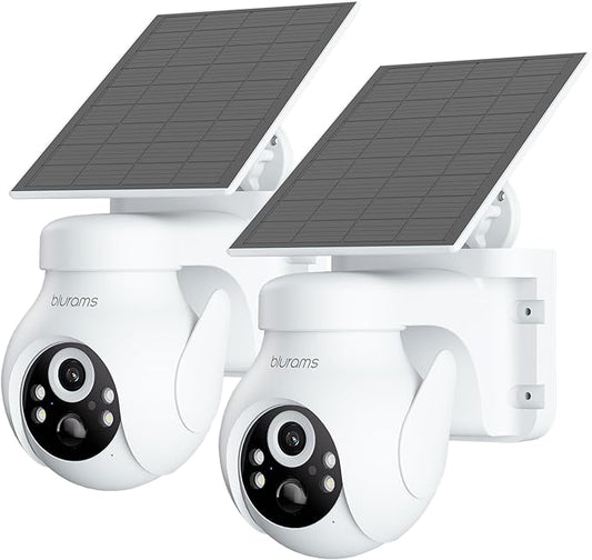 blurams 2K Solar Outdoor Camera Wireless, 360° PTZ Security Cameras Wireless Outdoor with Human Auto Tracking, R/Color Night Vision, Battery Powered, Compatible with Alexa, 2.4GHz Only, 2Pack