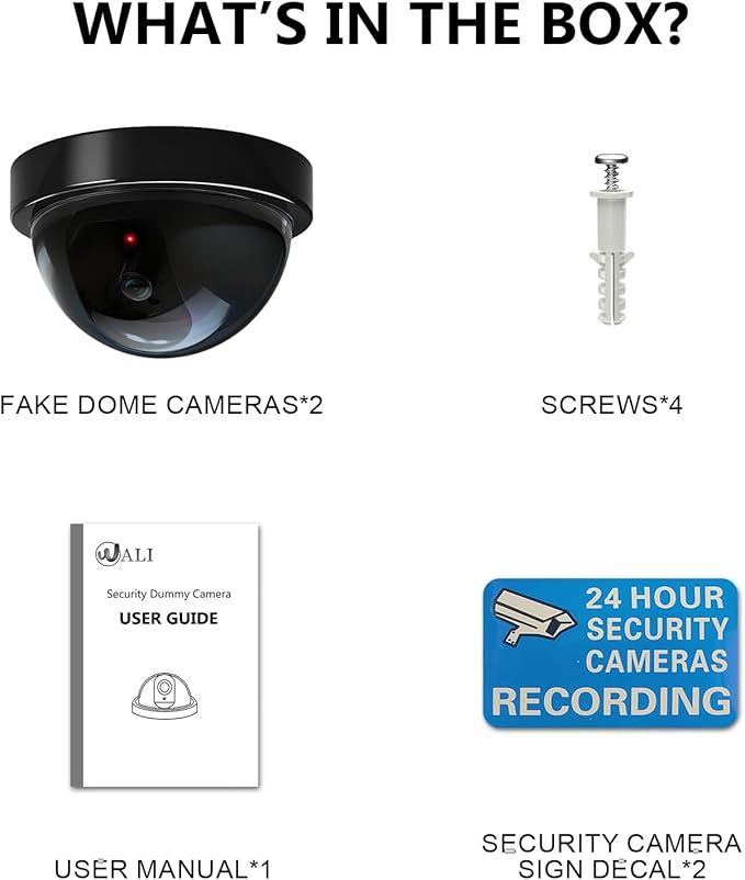 WALI Dummy Fake Security CCTV Dome Camera with Flashing Red LED Light with Security Alert Sticker Decals (SD-2), 2 Packs, Black