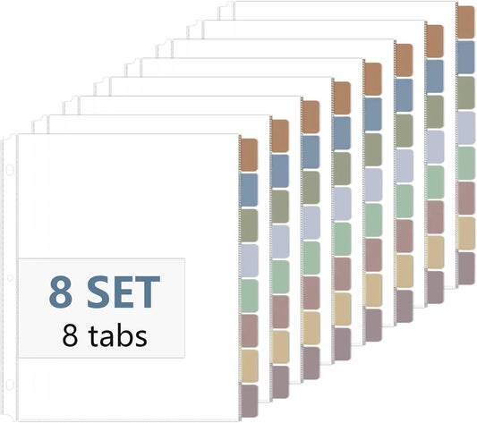 8 Set of 64 Pack Clear Binder Sheet Protectors for 3 Ring Binder Plastic Page Protector with 8 Tabs,Insertable Index Page Divider 8.5x11 Inchï¼Boho Colorï¼