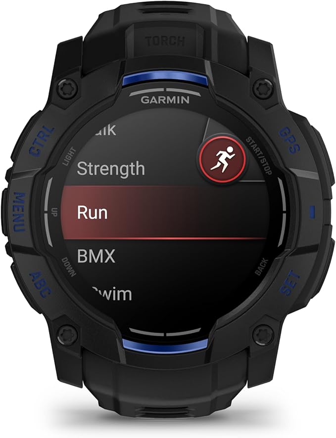 Garmin Instinct® 3 – 50 mm, AMOLED Display, Rugged Outdoor GPS Smartwatch, Built-in Flashlight, Supernova Collection Limited Edition Color, Black with Black/Bolt Blue Silicone Band