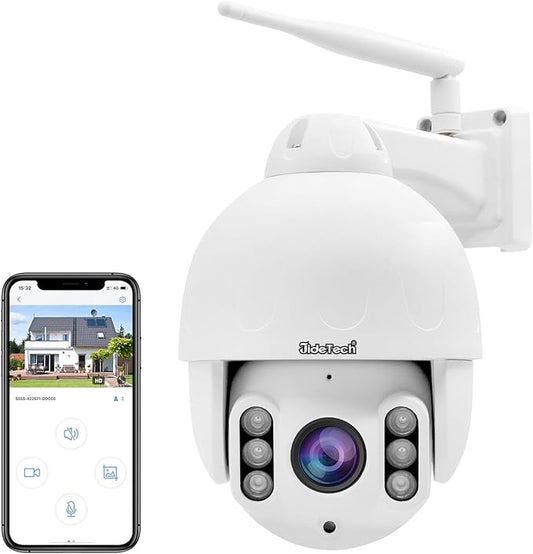 JideTech 5MP PTZ WiFi Camera Outdoor, 5X Optical Zoom IP Dome Camera, Auto Tracking Security Camera, 196ft IR Night Vision, Human/Motion Detection, Two Way Audio, IP66 Waterproof, SD Card Slot
