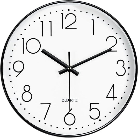 Silent Wall Clocks Battery Operated 8 Inch, Analog Wall Clock with Oversized Number Tempered Glass Clock Face, Black Quartz Non Ticking Wall Clocks for Living Room Bedroom Kitchen Office