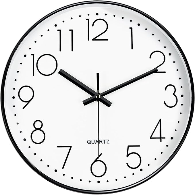 Wall Clock, Silent Wall Clocks Battery Operated 10 Inch Modern Non Ticking Analog Clock with Large Numerals Tempered Glass Clocks for Bedroom, Living Room, Kitchen, Office Decor, White Black