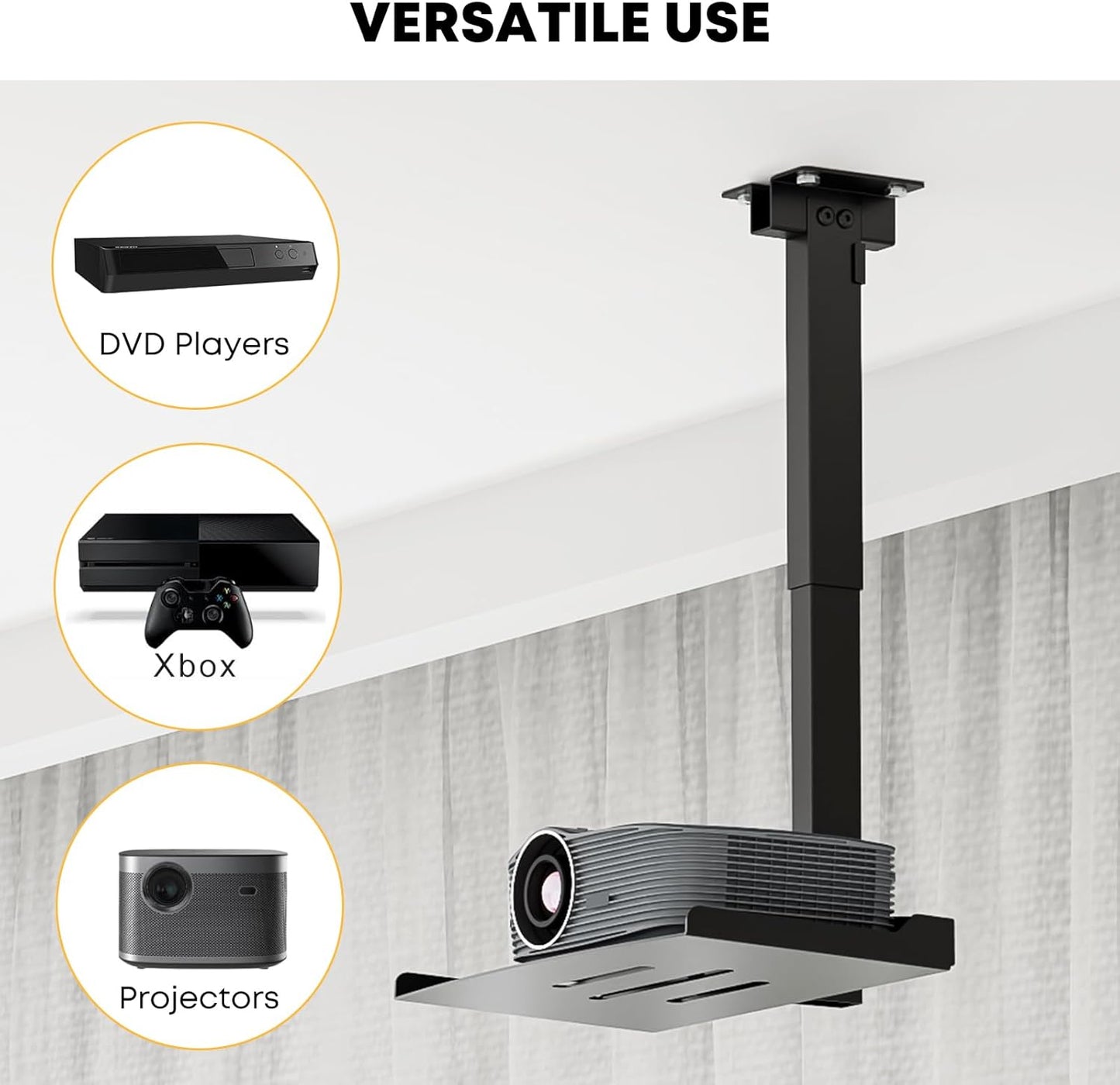 PUTORSEN Adjustable Projector Ceiling Mount,Universal Projector Shelf for Ceiling and Wall, Holds up to 22lbs，No Hole Installation, Hidden Cable Routing, Black