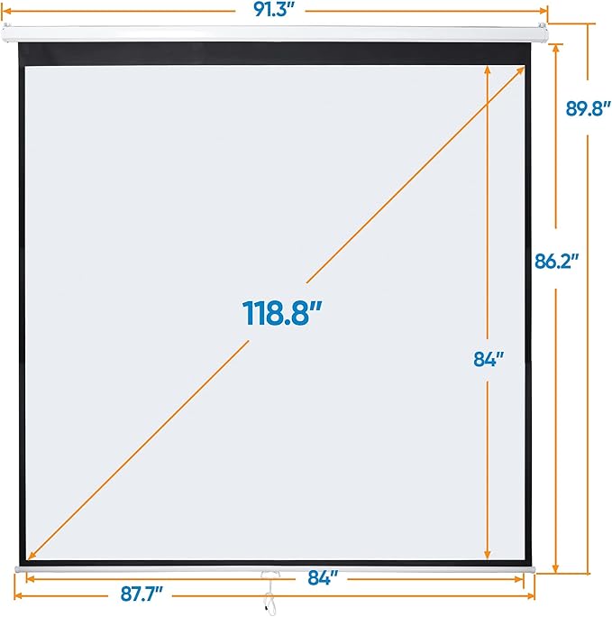 Smartxchoices 120" HD Manual Projector Screen 1:1 Format with Auto Lock Anti-Crease Home Theater Office Wall Mounted Ceiling Pull Down Projection 1.1 Gain Matte White,View Size: 84 x 84 inches