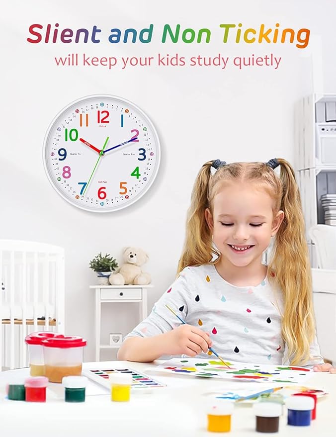 Silent Kids Wall Clock – Non-Ticking, Battery-Powered, Ideal for Teaching Time and Stylish Décor in Any Room - 8 Inch