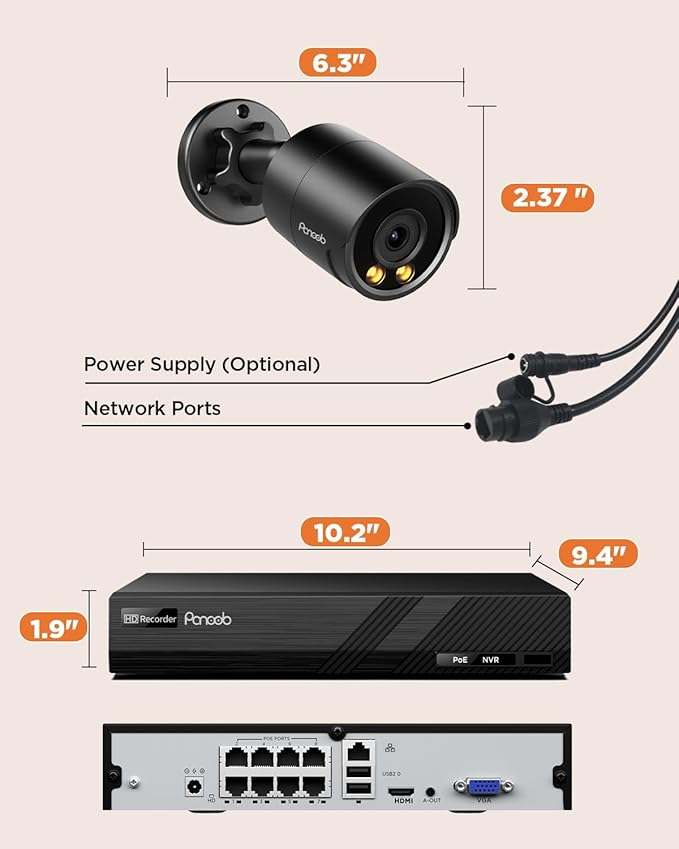 Security Camera System PoE, 8X 4MP Wired Bullet IP Cameras Outdoor Built-in Microphone, AI Human Vehicle Detection, 5MP 8CH NVR with 2TB HDD, Smart Color Night Vision, PB38F30808-4MD(Black)
