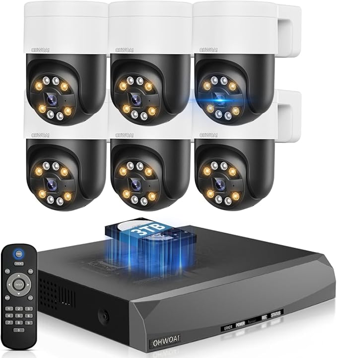 OHWOAI 《2-Way Audio & Smart Auto Tracking》4K Outdoor Wired Security Camera System,360 Degrees Security PTZ IP Cameras,Surveillance Video Equipment, Surveillance DVR Kits