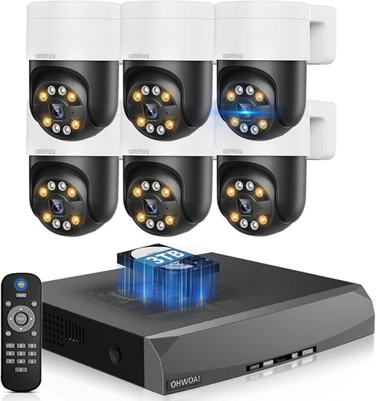 OHWOAI 《2-Way Audio & Smart Auto Tracking》4K Outdoor Wired Security Camera System,360 Degrees Security PTZ IP Cameras,Surveillance Video Equipment, Surveillance DVR Kits