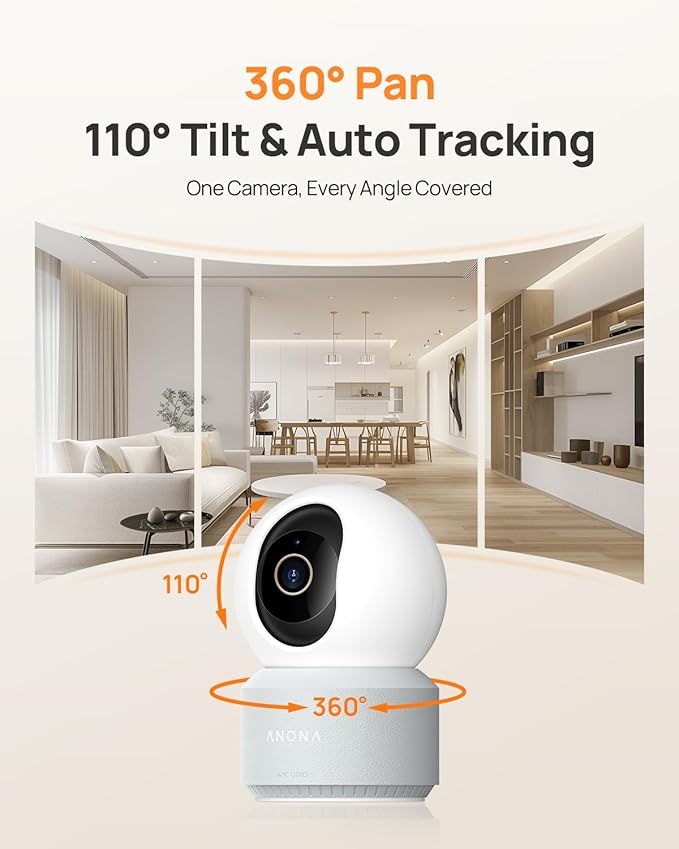 Anona 4K UHD Indoor Camera, Pet/Dog/Baby Security Camera with Phone App, 360°Pan-Tilt, 2.4G/5G Dual-Band Wi-Fi 6, Auto-Tracking, Person/Pet/Baby Crying Detection, Privacy Mode, Two-Way Audio, 4 Pack