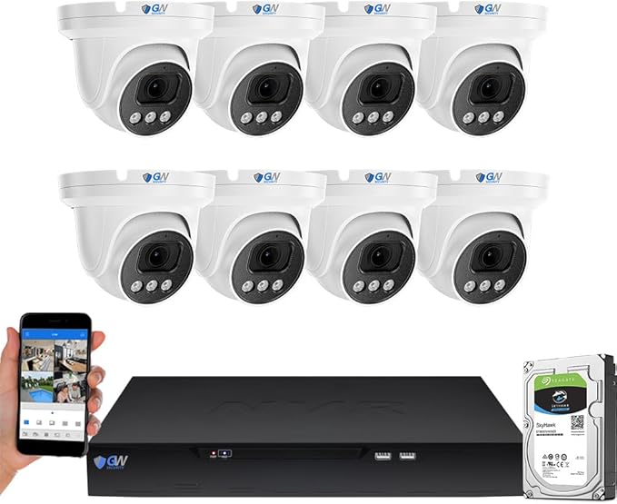 GW Security 8 Channel NVR UltraHD 4K Face Recognition NDAA & TAA Compliant Security Camera System with 8 x 8MP @25FPS Outdoor & Indoor PoE Turret Cameras, 10 Smart AI Functions