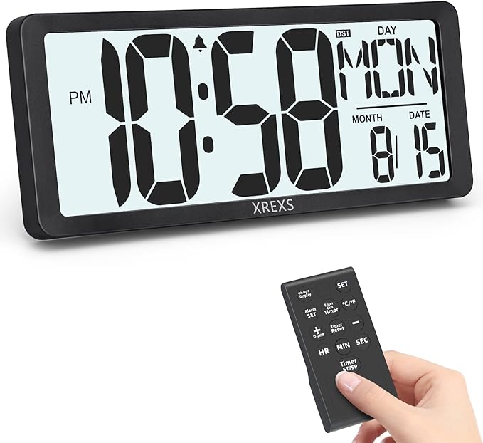 XREXS 14.17 Inch Digital Wall Clock with Remote (Battery Operated)- Backlight(Not Constantly Illuminated) | Count Down Timer | Displays Temp, Date & Week | Ideal for Home, Office, Classroom