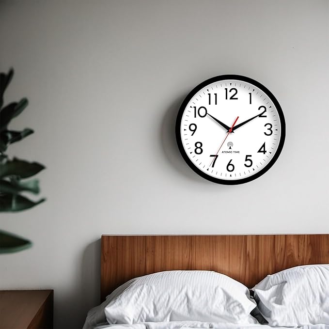 Atomic Wall Clock Analog 14 Inch Battery Operated Modern Decorative for Living Room Kitchen Office Bedroom Bathroom(Black)