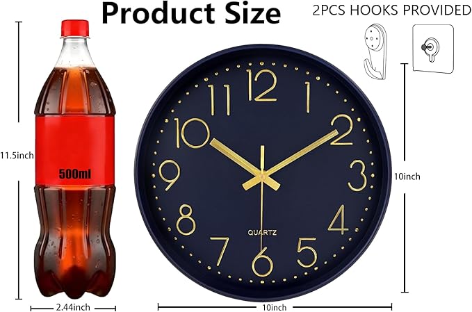 Wall Clock, Silent Wall Clocks Battery Operated 10 Inch- Modern Non Ticking Analog Clock with Large Numerals Tempered Glass Clocks for Bedroom Living Room Kitchen Office Decor, Navy Blue