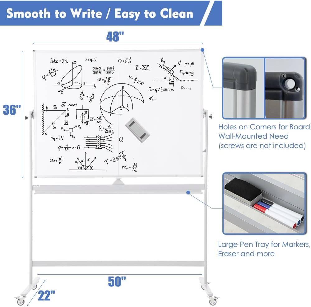 FORTUNO Magnetic Mobile Whiteboard 48"x36", Rolling Double Sided Dry Erase Board with Stand, Reversible Adjustable Height/Angle Easel White Board on Wheels 4' x 3' for Office Classroom Home