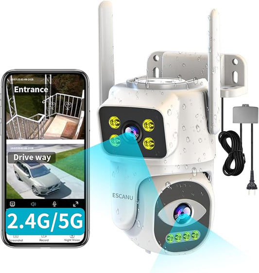 Dual Lens Security Camera Outdoor,WiFi Camera for Home Security,Home Survaillance Outdoor,PTZ,2-Way Audio, Auto Tracking,Night Vision,24/7 Continous Record,IP65 Weather Proof