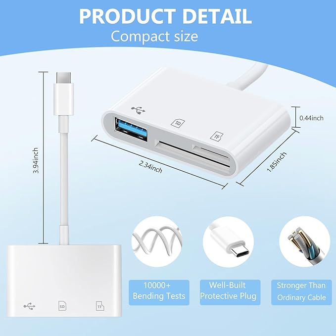 USB C SD Card Reader for iPhone Adapter, 3-in-1 Memory Card Reader Dual Slots with USB Camera Adapter, Digital Camera Adapter iPhone 15/16/17, iPad, Mac, MacBook Pro/Air, Android, Laptop