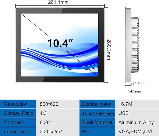 GreenTouch 10.4 Inch Industrial Embedded Touchscreen Monitor, PCAP Multi-Touch Screen Industrial Front IP65 Monitor - HDMI+VGA+DVI - 800 x 600 Resolution