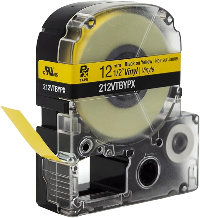 Epson LABELWORKS 212VTBYPX Genuine Tape Cartridge - Black on Yellow Flexible and Durable Vinyl Industrial Label Maker Tape - 1/2" (12MM) Wide, 22.9 ft